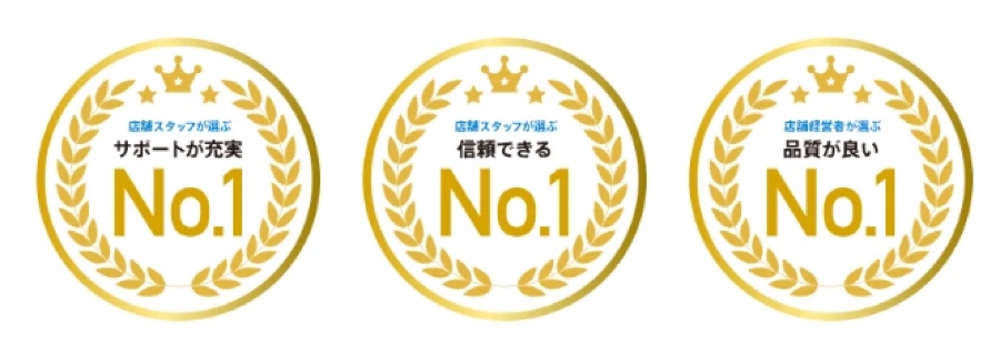第三者調査 店舗スタッフが選ぶ サポートが充実No.1・信頼できるNo.1、店舗経営者が選ぶ 品質が良いNo.1